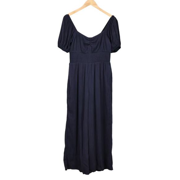 American Eagle Navy Embroidered Stripe Smocked Puff Sleeve Jumpsuit Size Small - Picture 1 of 6